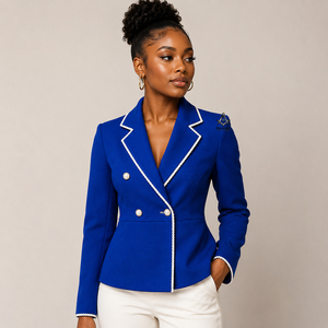 Blazer de doble botonadura azul real para mujer, con bordado de Delta Sigma Sorors, de la colección de ropa hermandad masónica griega. - Product Image 1