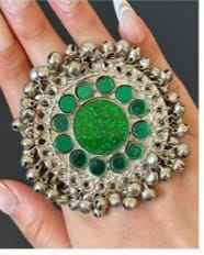 Afghan Tribal Statement Finger Ring With Large Round Blue Glass Center Surrounded By Traditional Silver Bell Jewelry - Product Image 3