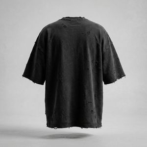T-shirt col rond vintage noir 100 % coton pour homme, coupe ajustée, respirant, manches courtes, style streetwear, jersey délavé - Product Image 4