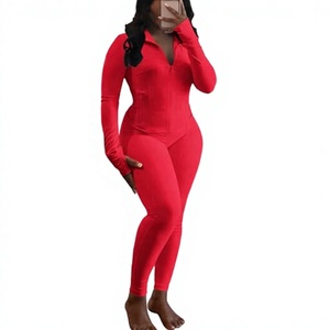 Mono largo rojo de talla grande para mujer con cremallera, bolsillos laterales, cuello en V, manga larga, ajuste ceñido, de elastano y poliéster, para primavera - Product Image 1