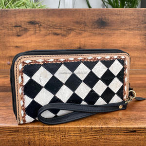 กระเป๋าคลัทช์ลายตารางหมากรุกหนังแท้แฟชั่นสไตล์ตะวันตกมีซิปรอบพร้อมกระเป๋าสตางค์อเนกประสงค์แบบมีสายคล้องข้อมือ - Product Image 4