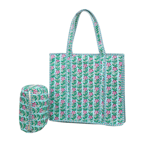 Bolso Tote con Estampado Floral de Jaipur + Set de Neceser a Juego, de Algodón Acolchado con Cierre de Cremallera, Ecológico, Duradero, Hecho a Mano, Lavable - Product Image 1