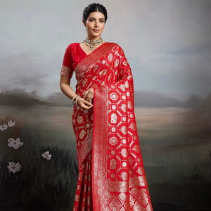 House of Pataudi Woven Banarasi Silk Blend Formal Wedding Loose Fit <b>Saree</b> - Product Image 1