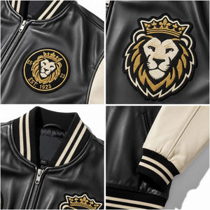 Chaqueta Varsity de Cuero Genuino Negro para Hombre, Diseño con Parche Bordado de León, Cuello Alto, Cierre de Cremallera, Estilo Casual - Product Image 3