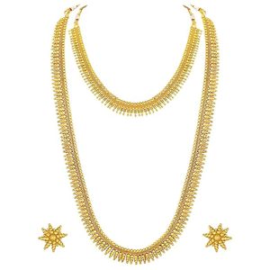 Conjunto de collar largo y gargantilla con diseño de flor chapado en oro clásico y aretes para mujer, joyería de diseñador para bodas y festividades. - Product Image 5
