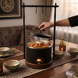 Exquisite Gold Bamboo Frame Hanging Chafing Dish with Round <b>Food</b> <b>Warmer</b> and Candle Stand for Oriental Theme Luxury Buffet Decor - Product Image 5