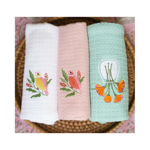 Paños de Cocina de Algodón con Diseño Floral y de Aves en Tonos Pastel, 40x60cm, 180GSM, 200TC, Bordados, BSCI, MOQ Bajo, OEM, ODM, India, B2B - Product Image 1