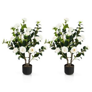2 Pezzi Albero di Camelia Artificiale da 38 Pollici, Fiore Finto in Plastica, Vaso in Cemento Bianco, per Matrimoni, Natale, Capodanno, Compleanno - Product Image 1