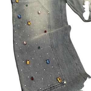 Último Diseño Pantalones Vaqueros con Pedrería Estilo Urbano, Jeans Holgados de Carpintero con Doble Parche y Diamantes, Jeans de Mezclilla Holgados para Hombre con Gemas - Product Image 3