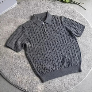 Classic <b>Cable</b> <b>Knit</b> Polo <b>Sweater</b>, Short Sleeve Button Down Casual <b>Knit</b> Top, Spring Summer Comfortable Tee - Product Image 2