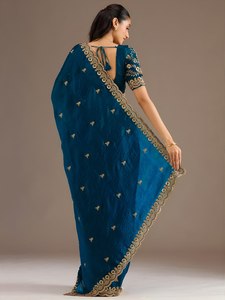 Sari brodé bleu, tenue ethnique traditionnelle pour femmes, bordure florale, dupatta, tenue de fête et de mariage - Product Image 3