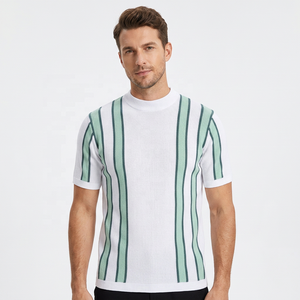 Men's Knitted Short Sleeve Striped T-Shirt O-Neck Casual Regular Fit White Green Patterned <b>Top</b> - Product Image 4