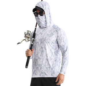 เสื้อตกปลาผู้ชาย แขนยาว แห้งเร็ว UPF 50 พิมพ์ลายปลาสีน้ำเงิน แบบสวมหัว - Product Image 1