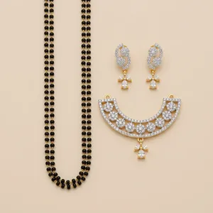 Collar indio al por mayor con colgante CZ Mangalsutra chapado en oro, cuentas negras y diamantes americanos, joyería de moda para bodas - Product Image 4