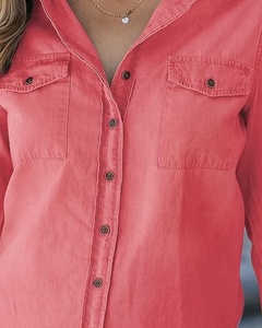 Chemise boutonnée en coton rouge pour femmes, manches trois quarts, couleur unie, col rabattu, coupe régulière, hauts de loisirs toutes saisons - Product Image 4