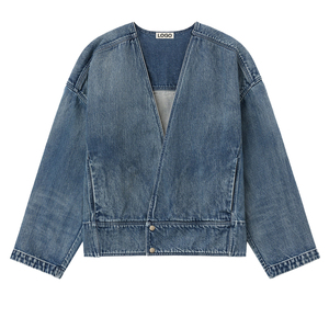 Chaqueta vaquera premium personalizada para hombre sin solapa, de algodón lavado vintage, estilo oversize, ropa de calle, fabricante OEM, marca privada - Product Image 1