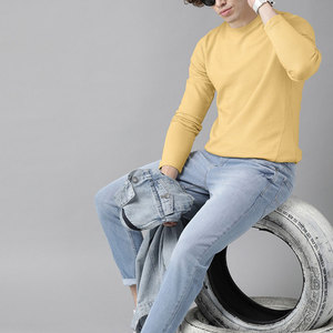 เสื้อยืดแขนยาวผู้ชายสีเหลือง คอโอ ทรงเข้ารูป สวมใส่สบาย สีพื้น ระบายอากาศได้ดี เหมาะสำหรับใส่ทุกวัน - Product Image 2