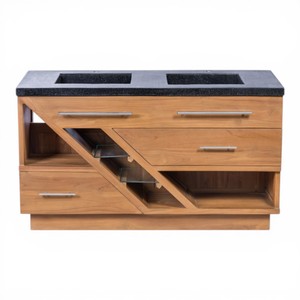 Mueble de Baño Moderno de Lujo con Doble Lavabo de Madera de Teca, Gabinete Flotante de Madera Sólida con Terrazo Negro para Muebles de Baño - Product Image 2