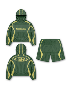 Ensemble 3 pièces respirant en coton 100% avec lignes réfléchissantes, nouveau design, coupe oversize : veste d'été unie, pantalon évasé et short coupe-vent - Product Image 2