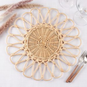 Woven Round Rattan Natural Handmade Table Placemat <b>Set</b> White Charger <b>Plates</b> - Product Image 3