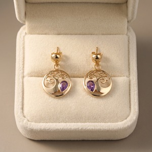 Pendientes Colgantes de Árbol de la Vida Chapados en Oro con Amatista Natural, Joyería Minimalista con Gema de Pera Inspirada en la Naturaleza, Regalo para Mujer, Fiesta - Product Image 4