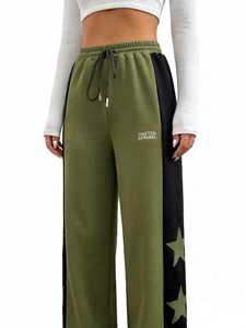 Pantalones Deportivos Anchos Color Verde Oliva para Hombre ONETEN APPAREL, con Bloques de Color, Franja Lateral, Estampado de Estrellas, Cintura Elástica con Cordón Ajustable, Estilo Urbano - Product Image 2