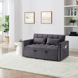 Modern 54.33-Inch Versatile <b>Foldable</b> Velvet <b>Sofa</b> <b>Bed</b> Adjustable Back in 3 Lengths Gray-Pull Out <b>Bed</b> - Product Image 2