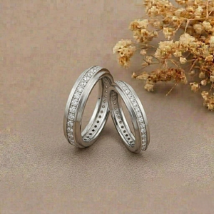 Bagues de mariage classiques en or blanc 14 carats avec diamants, sertissage pavé, taille brillant rond, unisexes, pour les occasions de mariage - Product Image 4