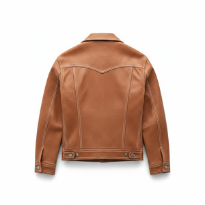 Men's Genuine <b>Leather</b> <b>Jacket</b> Turn-down Collar Workwear Style Autumn Regular Fit Solid Color Zipper Closure Windproof Casual - Product Image 2
