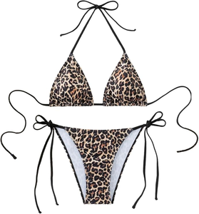 Conjunto de Bikini con Estampado de Leopardo para Mujer, Top Halter con Lazos Laterales, Parte Inferior de Spandex y Poliéster, Traje de Baño de Dos Piezas, Ajuste Elástico - Product Image 6