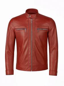 Chaqueta de Moto para Hombre, Roja, de Cuero Genuino, Transpirable, Resistente al Viento, con Cuello Alto, Cierre de Cremallera, Corte Ajustado, Forro de Algodón para Invierno - Product Image 1