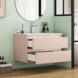 Mobile Bagno Sospeso da 32 Pollici con Doppio Cassetto, Ante Arrotondate, Sistema Soft-Close, Lavabo in Ceramica, Nessun Montaggio Hardware Richiesto - Product Image 6