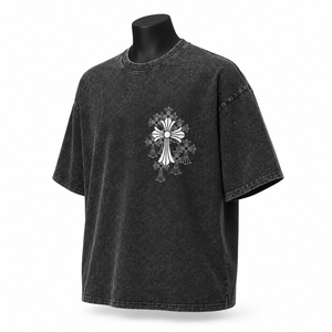 Camiseta Gráfica Oversize para Hombre con Efecto Vintage, Algodón Pesado, Estilo Urbano, Estampado Cruzado, Ajuste Holgado, Casual - Product Image 3