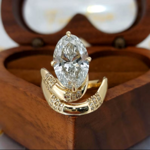 Bague double bande en or jaune avec diamant taille ovale, élégante bague de fiançailles fendue pour femme, bijou de luxe en diamant de laboratoire, cadeau - Product Image 2