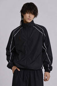 Chaqueta cortavientos de nailon de alta calidad para hombre, ligera, extragrande, con rayas blancas laterales, con cremallera, impermeable. - Product Image 4