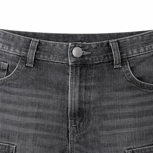 Pantalones cortos de mezclilla holgados para hombre, negros, con efecto desgastado, estilo urbano, producción OEM personalizada, corte holgado, hasta la rodilla, vaqueros vintage de verano con bordado. - Product Image 4