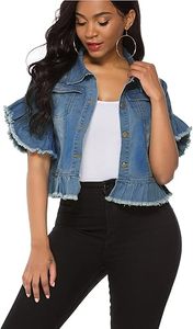 Veste en jean pour femme avec volants, manches évasées, col rabattu, coupe courte, décontractée, printemps, bleu délavé - Product Image 4