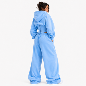 New Fashion Corset Waist Blue <b>Cropped</b> Pullover Hoodies Oversized Tracksuit Custom Logo Premium Cotton Fleece Matching <b>Joggers</b> - Product Image 3