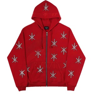 Sudadera con capucha roja para hombre, con cremallera, de forro polar, diseño de pedrería, corte regular, estilo urbano, tejida, transpirable, informal, para invierno - Product Image 1