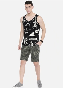 Camiseta sin mangas negra estampada para hombre, cuello redondo, informal, transpirable, estilo de punto de algodón - Product Image 3