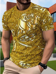 Camiseta de Manga Corta para Hombre con Estampado de Rosas Doradas Brillantes, Cuello Redondo, Corte Regular, Diseño Floral Informal, Tejido de Poliéster - Product Image 1