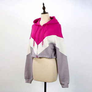 Women Color Blocked Hoodie <b>Crop</b> Top Full Sleeve Asymmetric Zipper <b>Up</b> Hooded Sweatshirt Autumn Knitted Style - Product Image 6