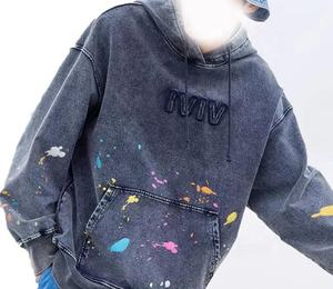 Sudadera con capucha de bolsillo Vintage personalizada para hombre, sudadera con bordado lavado de grafiti, chándal de gran tamaño de invierno - Product Image 1