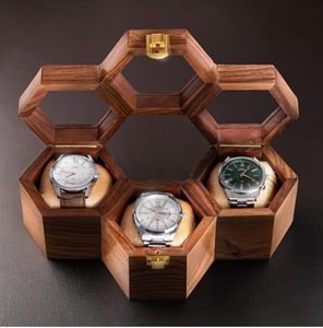 Boîte de rangement et de présentation de montres hexagonale en bois poli avec nœud en ruban doré, emballage cadeau pour montres-bracelets pour hommes - Product Image 5