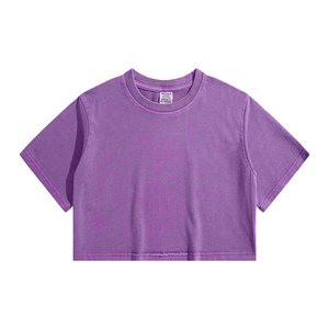 เสื้อยืดครอปสีม่วงสำหรับผู้หญิง คอกลม แขนสั้น สีพื้น ลำลอง ผ้าถัก ทรงหลวม ฤดูใบไม้ผลิ ฤดูร้อน - Product Image 5
