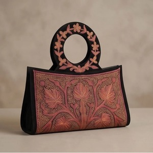 Kashmiri Sozni Embroidery <b>Clutch</b> <b>Bag</b> <b>Black</b> <b>Suede</b> with Crimson & Gold Tilla Work Ring Handle - Product Image 2