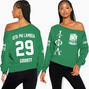 Sudadera Personalizada Iota Phi Lambda con Hombros Descubiertos, Color Verde Esmeralda, Sudadera de la Hermandad Iota Phi Lambda Desde 1929 - Product Image 4