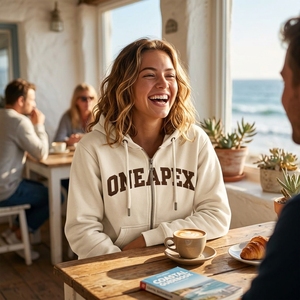 Sudadera con capucha cremosa personalizada con cremallera, color tostado, con logo bordado ONEAPEX, estilo oversize unisex, de forro polar premium, con cremallera completa, para streetwear. - Product Image 5