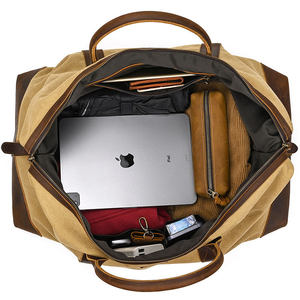 Canvas Heavy Duty Duffle Bag with Brown Leather Handles and Zipper Closure Customizable for Outdoor Travel and Weekend Use - Product Image 4