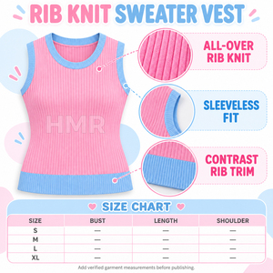 HMR Sorority Sisterhood Pink Blue Contrast Knitted Sleeveless O-Neck Tank Top Casual Solid Spliced Design Regular - Product Image 6
